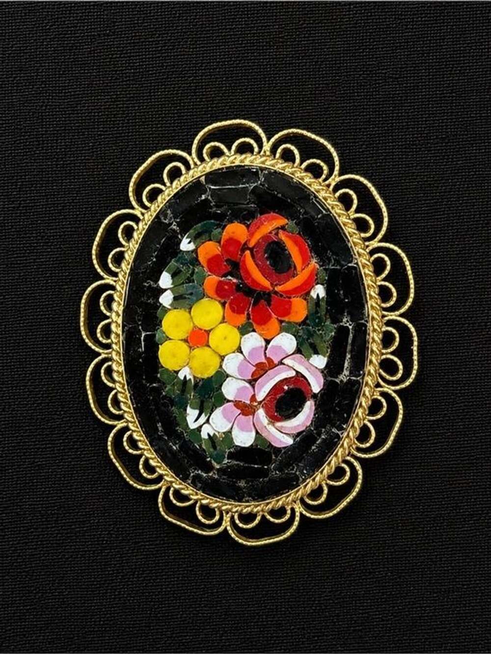Vintage Floral Mosaic Brooch Gold Tone